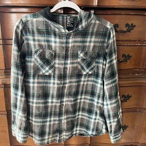 Billabong Boys size large hooded button up shirt.  In good condition 100% cotton